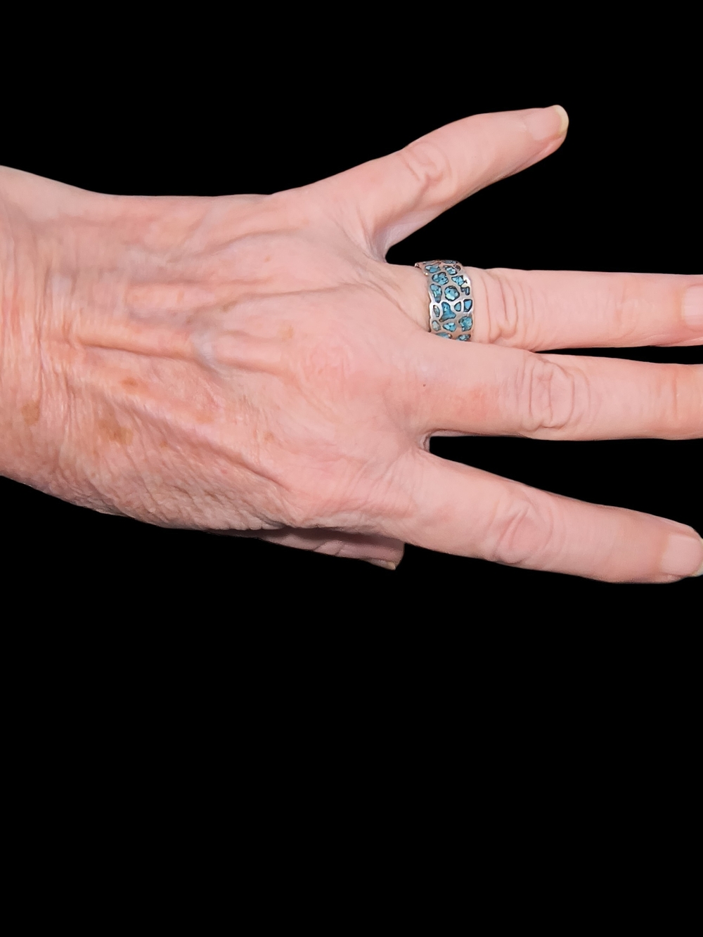 Turquoise Chip Inlay Sterling Silver Wide Band Ring - Picture 6 of 10